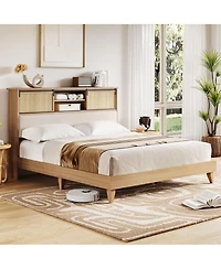 homfan Rattan Bed Frame with Shelves, Boho Bed Frame with Shelf Headboard Sliding Door, Wood Foundation with Silent Slats, No Box Spring Needed