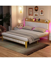 homfan Modern Upholstered Platform Bed with Storage Headboard, Led Lighting and Built-in Charging Station