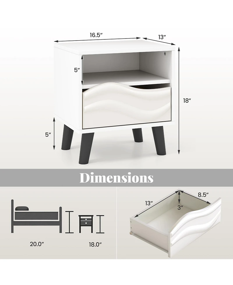 Modern Nightstand with Wavy 3D Front and Open Shelf for Bedroom-White