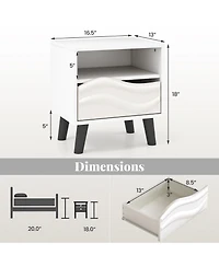 Modern Nightstand with Wavy 3D Front and Open Shelf for Bedroom-White