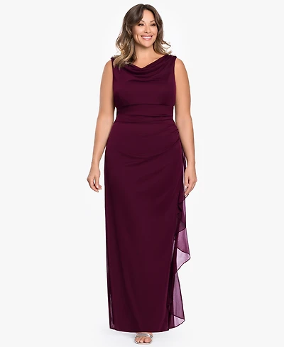 B&A By Betsy and Adam Plus Ruched Back Cowl Neck Ball Gown