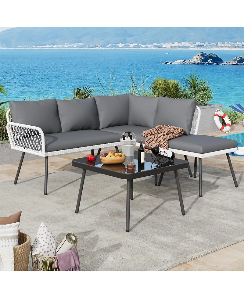 GarveeLife L-shaped Outdoor Furniture Set 4-Piece Patio Sectional Sofa with Handmade Rattan and Metal Frame, Conversation Couch Set
