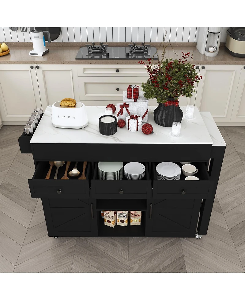 Streamdale Furniture Kitchen Island with Extendable Table, Marble Top, Power Outlet and Storage