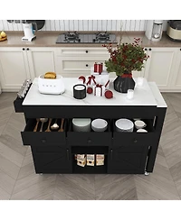Streamdale Furniture Kitchen Island with Extendable Table, Marble Top, Power Outlet and Storage