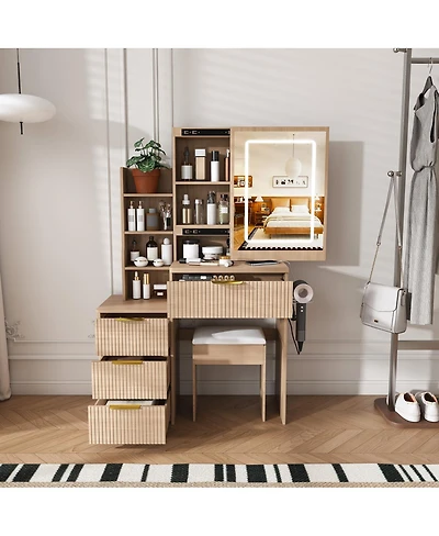 Streamdale Furniture Modern Vanity Desk with Led Mirror, 4 Drawers, Shelves, and Stool