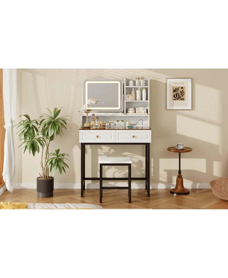 Streamdale Furniture Makeup Vanity with Led Mirror, 2 Drawers, Power Outlet and Stool