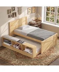Streamdale Furniture Twin Size Wooden Platform Bed With Pull Out Trundle,Storage Cabinet