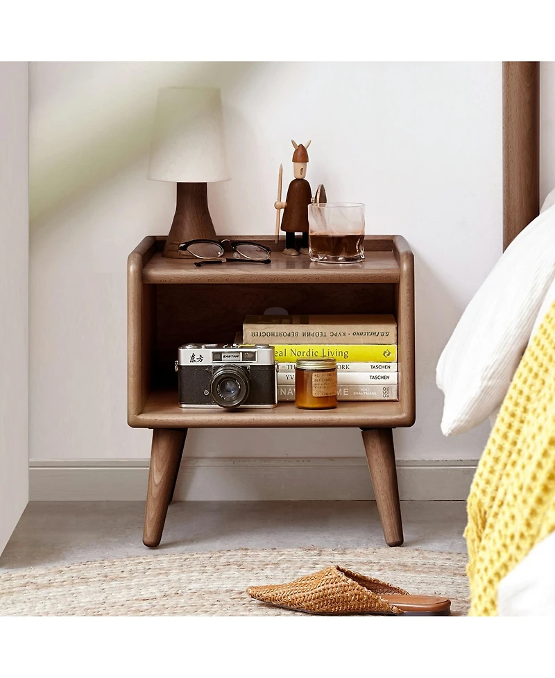 Rainsken Solid Wood Nightstand, Mid Century Modern Bedside Table with Open Storage Shelf for Bedroom, Living Room