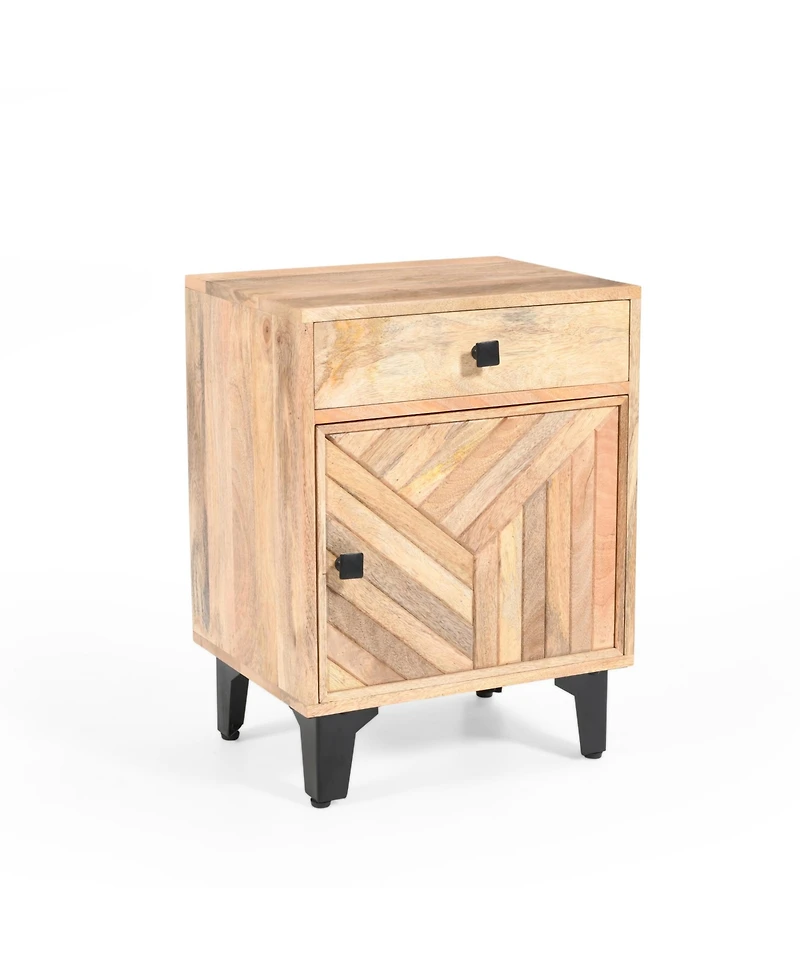 Rainsken Wood Nightstand, Hand-Carved Line Drawing Design, Bedside Table with Drawer and Metal Legs for Bedroom