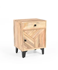 Rainsken Wood Nightstand, Hand-Carved Line Drawing Design, Bedside Table with Drawer and Metal Legs for Bedroom