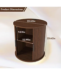 Rainsken Cylinder Nightstand, Fluted Round End Table with Charging Station and Sliding Door, 2-Tier Storage Bedside Table for Living Room, Bedroom