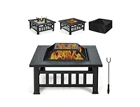 Mondawe 32 Inch 3 in 1 Outdoor Square Fire Pit Table with Bbq Grill and Rain Cover for Camping