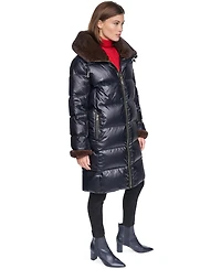 Halston Women's Long Faux Fur Cuff and Collared Puffer