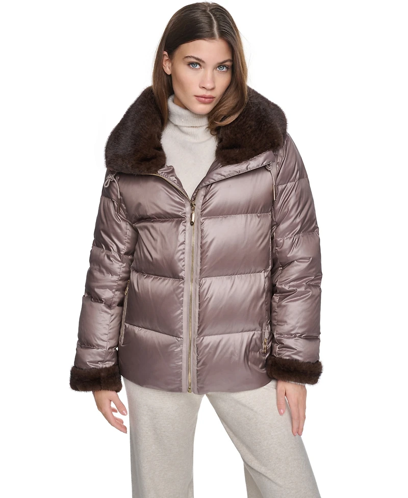 Halston Women's Short Faux Fur Cuffs and Collar Puffer