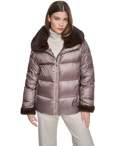 Halston Women's Short Faux Fur Cuffs and Collar Puffer