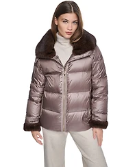 Halston Women's Short Faux Fur Cuffs and Collar Puffer