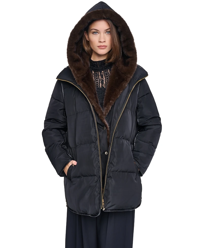 Halston Women's Faux Fur Bibbed Hooded Puffer