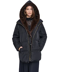 Halston Women's Faux Fur Bibbed Hooded Puffer
