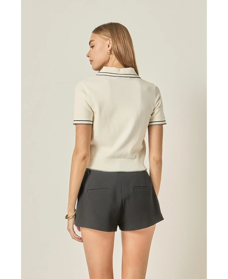 English Factory Women's Collared Short Sleeve Knit Cardigan Sweaters