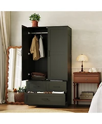 gaomon Freestanding Wardrobe Closet with Hanging Rod and 3 Drawers, 70" Tall Wooden Storage Cabinet for Bedroom