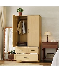 gaomon Freestanding Wardrobe Closet with Hanging Rod and 3 Drawers, 70" Tall Wooden Storage Cabinet for Bedroom