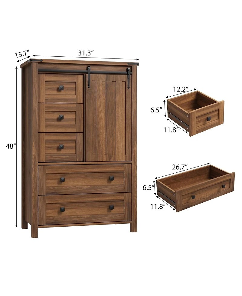 homfan Farmhouse 5 Drawer Dresser for Bedroom, Wood Dresser Chest of Drawer with Sliding Barn Door, Adjustable Shelf