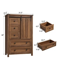 homfan Farmhouse 5 Drawer Dresser for Bedroom, Wood Dresser Chest of Drawer with Sliding Barn Door, Adjustable Shelf