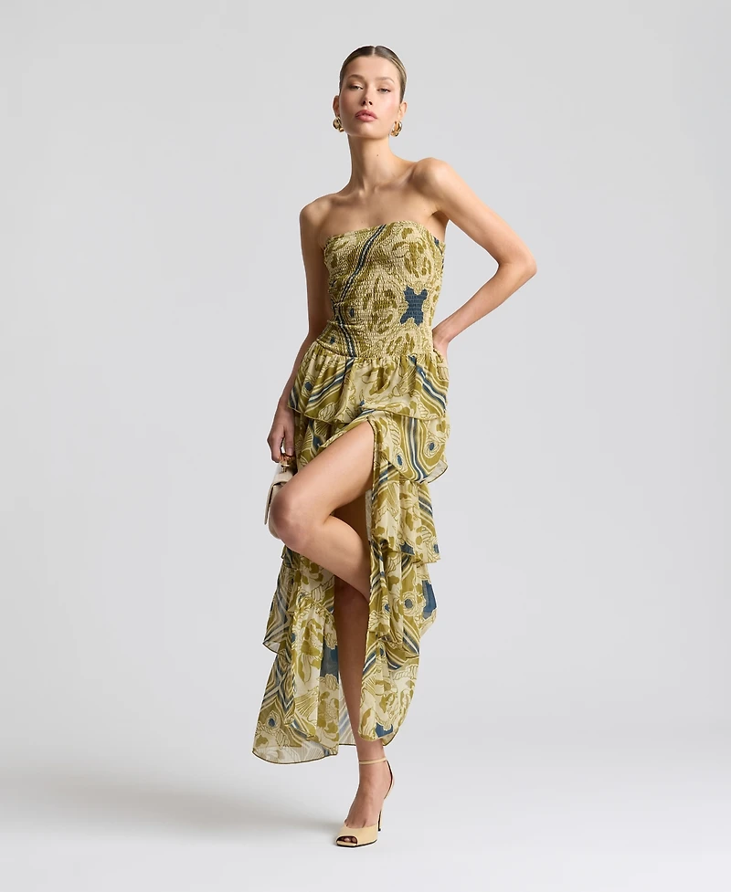 Avec Les Filles Women's Printed Smocked-Bodice Ruffle-Tiered Maxi Dress