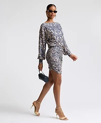 Avec Les Filles Women's Boat Neck Ruched Printed Mini Dress