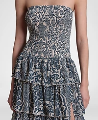 Avec Les Filles Women's Printed Smocked-Bodice Ruffle-Tiered Maxi Dress