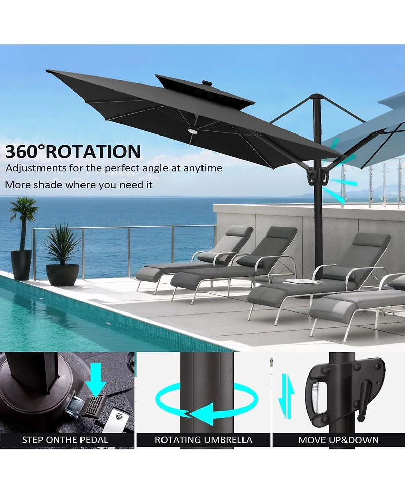 Pellebant Outdoor Patio 9x11FT Aluminum Double Canopy Solar Lights Cantilever Umbrella with Base