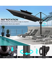 Pellebant Outdoor Patio 9x11FT Aluminum Double Canopy Solar Lights Cantilever Umbrella with Base