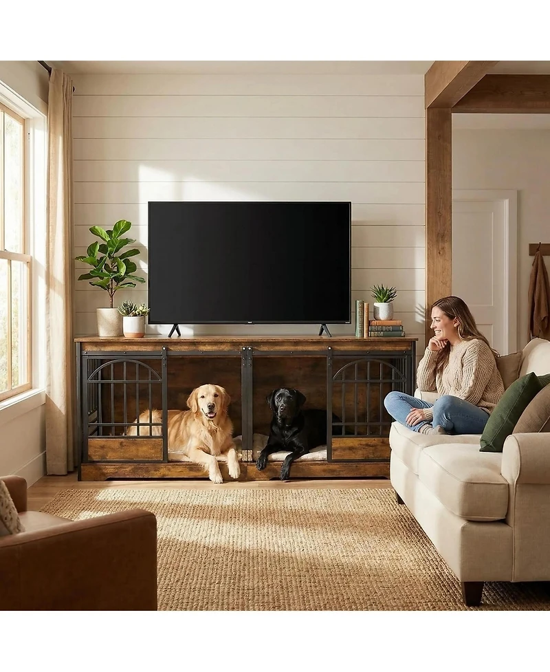 Gaomon Extra Large Double Dog Crate Wooden Kennel with Divider , End Table Tv Stand for X-Large Breeds