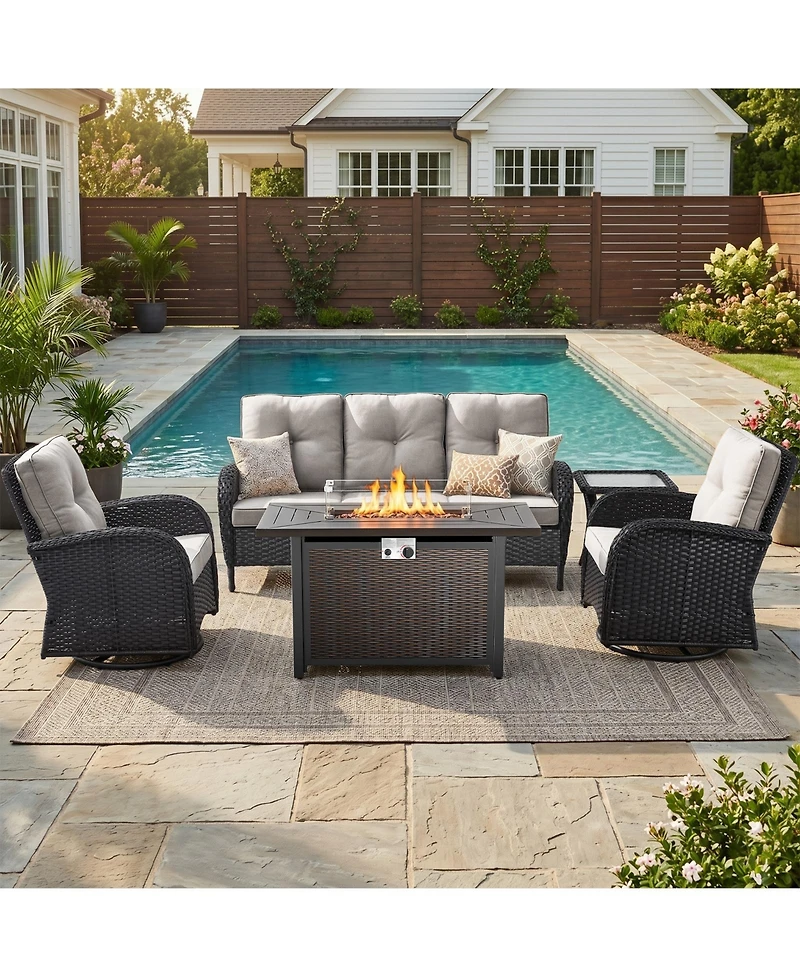 Pocassy Patio Furniture Set with Fire Pit Table, Wicker Outdoor Sectional Sofa Swivel Rocker Chairs, All-Weather Rattan Conversation