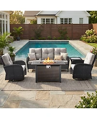 Pocassy Patio Furniture Set with Fire Pit Table, Wicker Outdoor Sectional Sofa Swivel Rocker Chairs, All-Weather Rattan Conversation