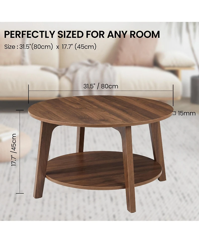 Gaomon 2-Tier Modern Round Coffee Table with Storage Shelf for Living Room, Wooden Accent Table with Curved Legs