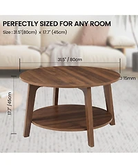 Gaomon 2-Tier Modern Round Coffee Table with Storage Shelf for Living Room, Wooden Accent Table with Curved Legs
