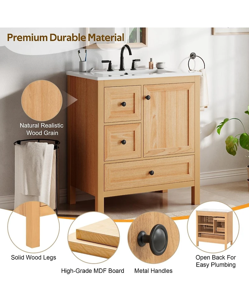 Sillysis 30 Inch Bathroom Vanity with Sink, Freestanding Wood Cabinet, Soft Close Drawers and Door, Modern Farmhouse Storage