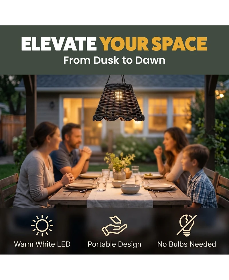 Bell + Howell Solar Wicker-Style Outdoor Led Lantern Dusk-to-Dawn, Weather Proof Hanging Pendant Light