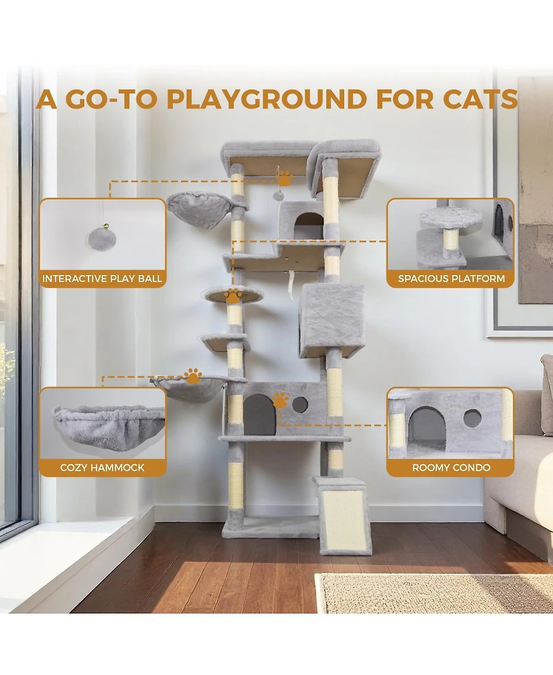 Streamdale Furniture 84.6" Multi-Level Cat Tree Tower with Condos, Scratching Posts, and Hammocks