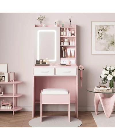 gaomon Vanity Set with Led Mirror and Charging Station, 2 Drawers, Cushioned Stool, for Bedroom