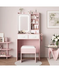gaomon Vanity Set with Led Mirror and Charging Station, 2 Drawers, Cushioned Stool, for Bedroom