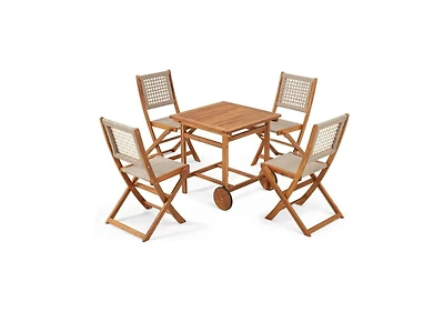 Aecojoy 5 Piece Outdoor Patio Dining Set, Acacia Wood Outdoor Table and Chairs with Wheels