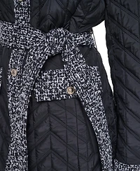 Karl Lagerfeld Paris Womens Long Quilted Tweed-Trim Coat