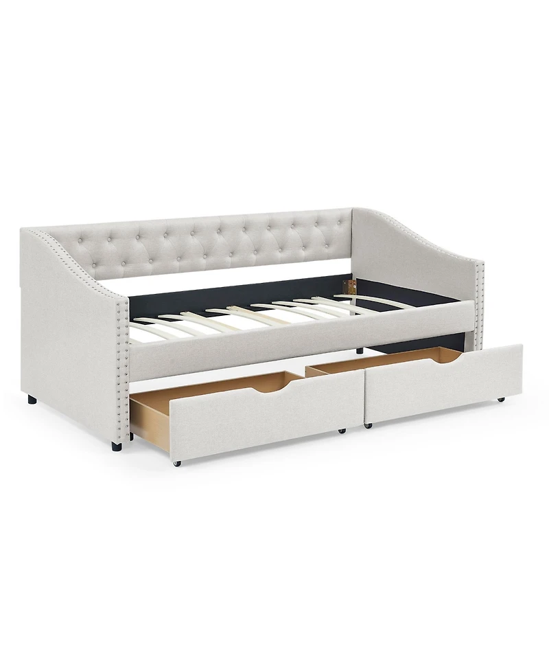 Clihome Daybed with Drawers Upholstered Tufted Sofa Bed, Button on Back and Copper Nail Waved Shape Arms