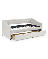 Clihome Daybed with Drawers Upholstered Tufted Sofa Bed, Button on Back and Copper Nail Waved Shape Arms