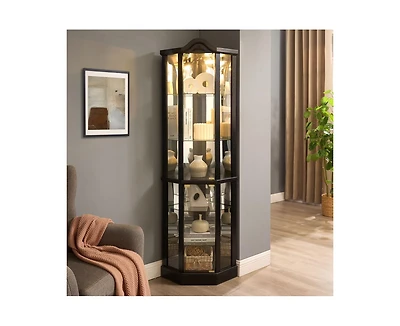 sumyeg Lighted Glass Display Cabinet Corner Curio with Adjustable Shelves Carved