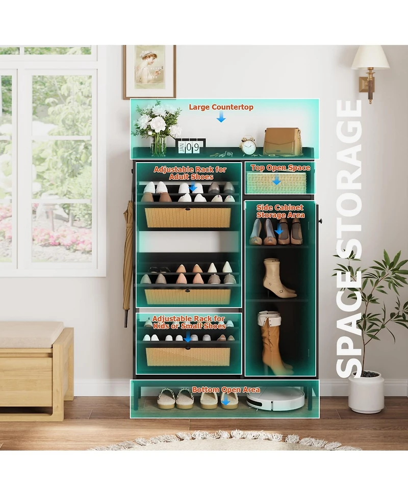 homfan 35'' Rattan Shoe Cabinet with 3 Flip Drawers, Entryway Storage Cabinet, Freestanding Organizer Narrow Rack