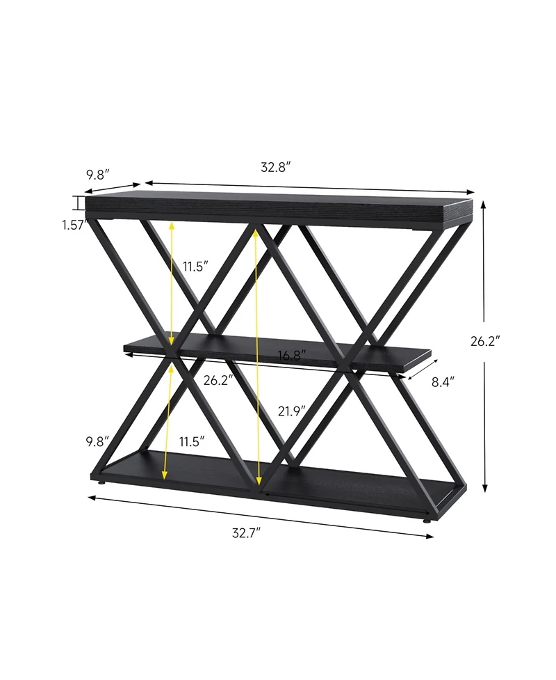 homfan Industrial 3-Tier Entryway Console Table with X-Shaped Metal Frame, Open Shelves and Adjustable Feet