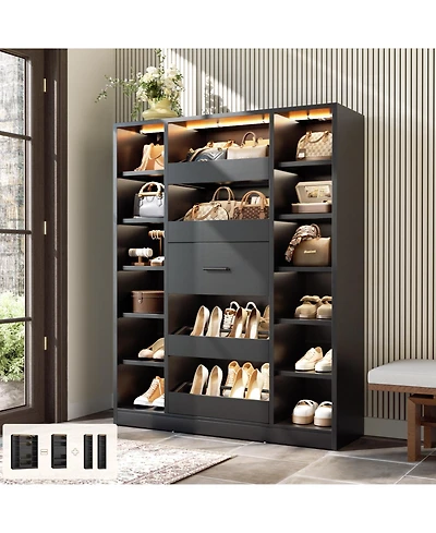 Aheaplus Wooden Shoes Cabinet with Led Lights, Freestanding Closet Organizer Drawer and Shelves